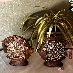 Pair of Hand-Carved Wooden Fish Sculptures – Mosaic Inlay Coastal Décor